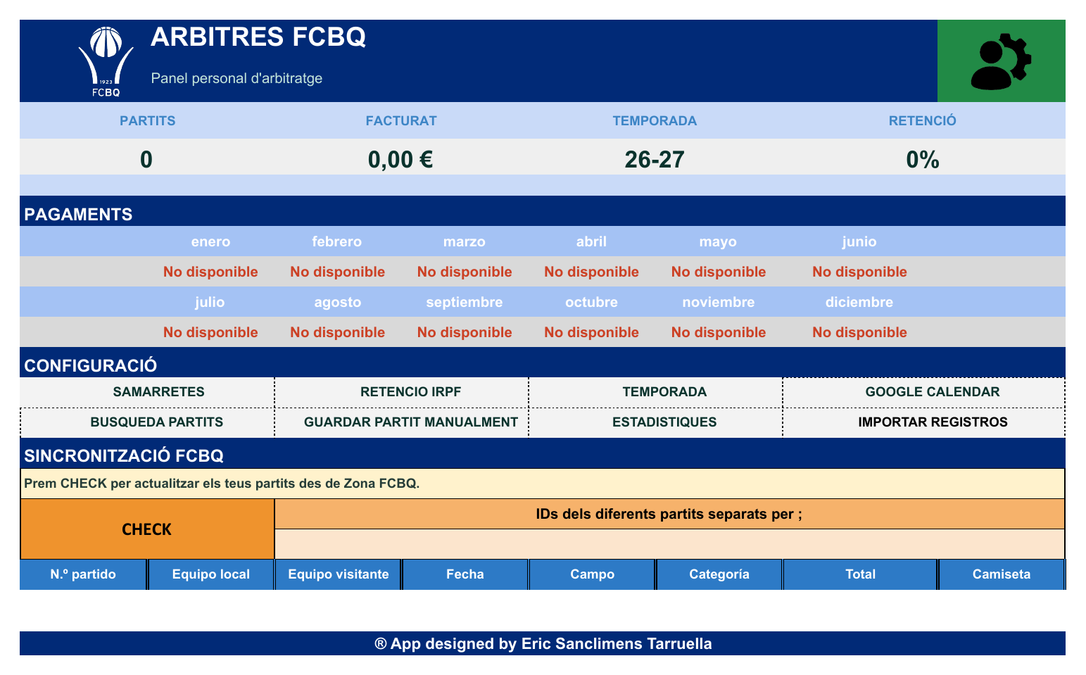 Panel principal de App Arbitres FCBQ