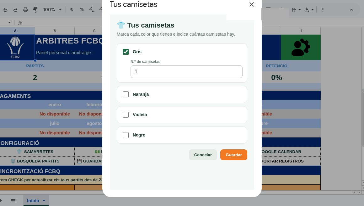 Diálogo Tus camisetas de la app sobre la hoja de cálculo