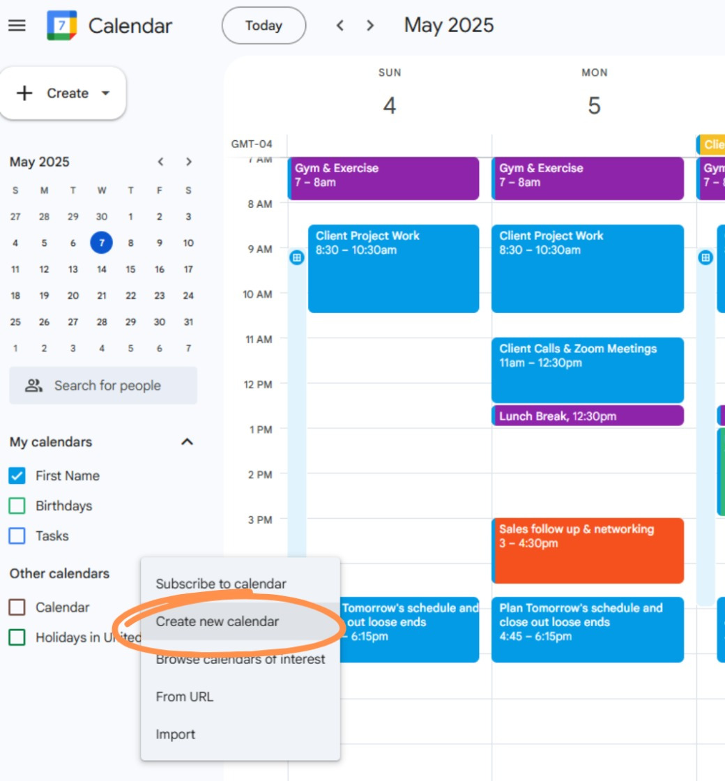Opción Crear nuevo calendario en Google Calendar