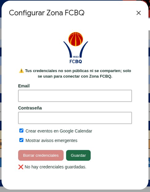 Diálogo Configurar Zona FCBQ con los campos Email y Contraseña y el botón Guardar